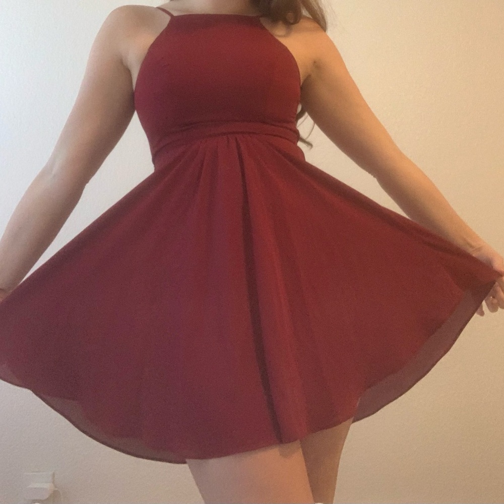 B Darlin Burgundy Halter Mini Dress